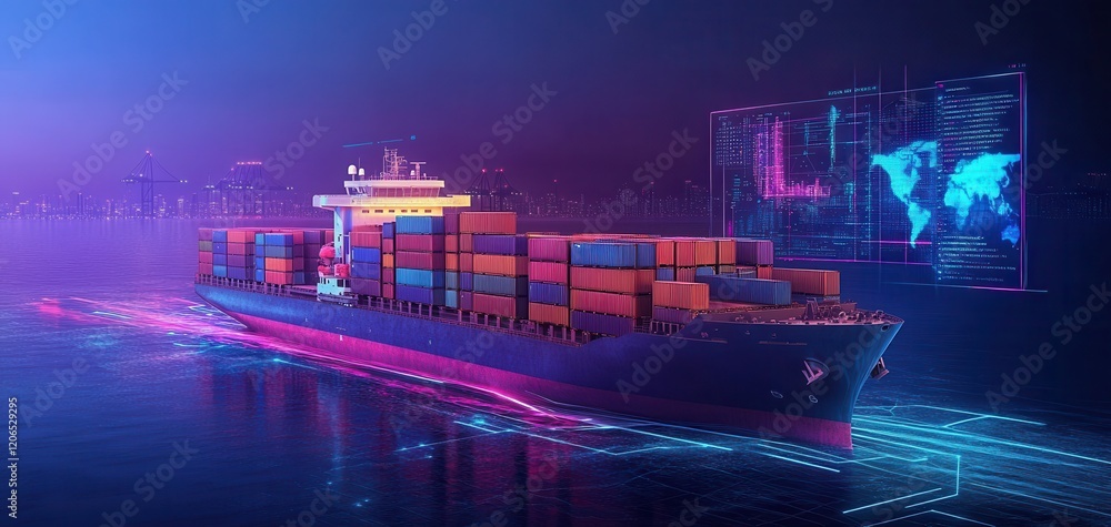 Poster futuristic container ship navigating through digital waters with vibrant neon colors and data visual