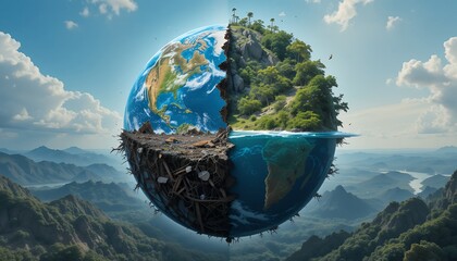 Fototapeta premium A divided Earth showing deforestation next to a lush green landscape hovering above mountains
