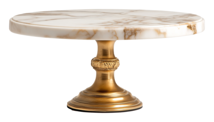 Round marble cake stand with gold base, elegant kitchenware. Luxury home decor concept
