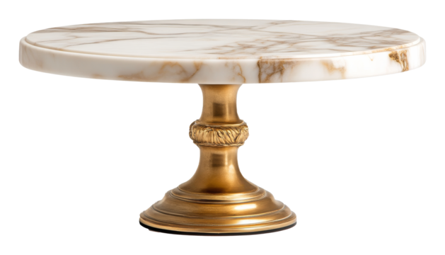 Round marble cake stand with gold base, elegant kitchenware. Luxury home decor concept