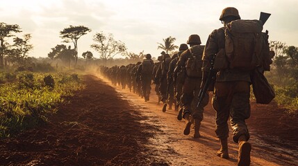 Troop Marching Through Dusty Landscape in Tactical Formation