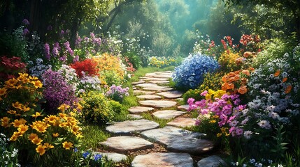 Obraz premium A serene garden path surrounded by vibrant flowers in bloom.