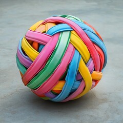 A Vibrant Ball of Rubber Bands in Multicolor. Creative Rubber Band Ball in Rainbow Colors. Colorful Rubber Band Ball Creativity. Multicolor Rubber Band Ball for Unique Decor. Rubber Band Ball
