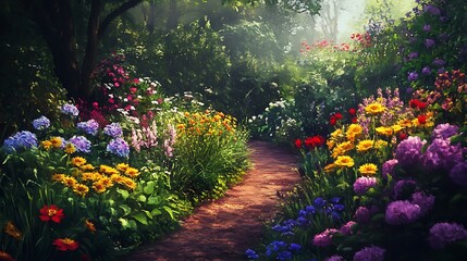 Lush garden path surrounded by vibrant flowers and greenery.