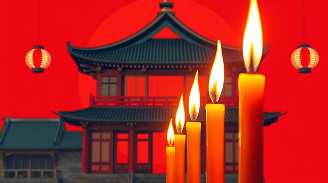 Red lanterns, candles, and a Chinese temple at sunset.