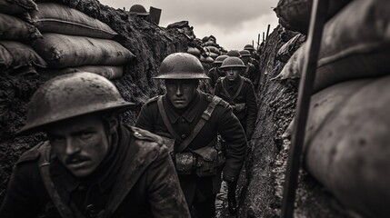 Determined Soldiers in Muddy Trenches Facing the Reality of War