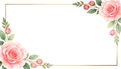 Elegant gold frame decorated with delicate pink roses and green leaves