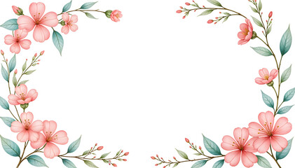 Fototapeta premium Elegant pink flowers and green leaves creating a frame on white background