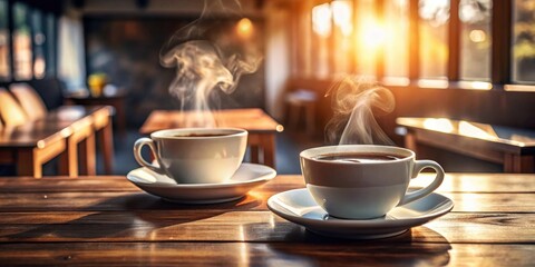 Fototapeta premium Two steaming cups of coffee on a wooden table in a sunlit cafe
