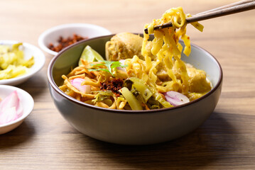 Northern Thai food (Khao Soi), Spicy curry noodles soup with chicken, Local Thai food