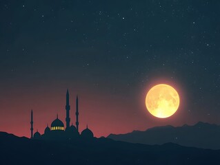 Obraz premium Silhouetted Mosque Underneath a Night Sky and Large Moon