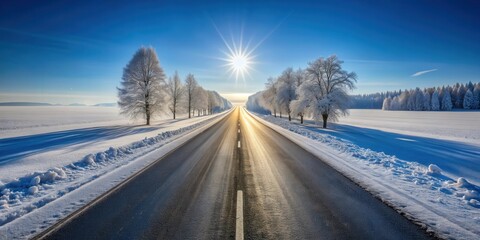 Obraz premium Sunlit Winter Roadway Frosty Trees Line a Snowy Asphalt Path Leading Towards a Bright, Radiant Sun