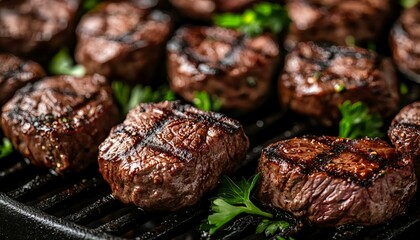 Juicy Grilled Meat on Barbecue Grill with Fresh Herbs