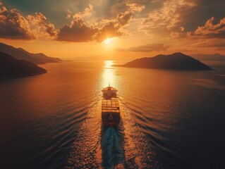 Fototapeta premium Majestic Cargo Ship Navigating Tranquil Waters at Sunset with Stunning Reflections and Scenic Mountainous Landscape in the Background