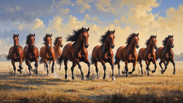  herd of  running horses sand storm, unique wall paintings 