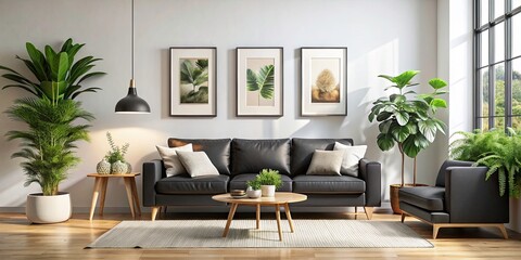 Modern Living Room Design: Black Sofa, Mockup Frames, Plants - Interior Design Inspiration