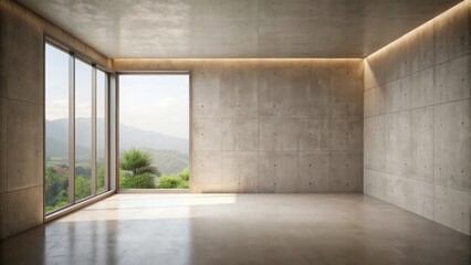 Fototapeta premium Modern empty room with large windows and concrete walls offering scenic views