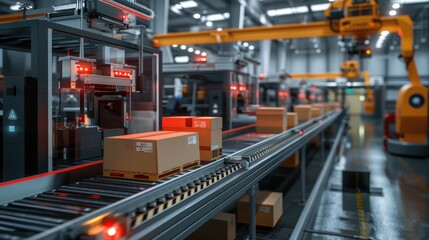 Smart packaging line showcasing automated material flow, robotic handling, AI-driven quality control, and computer vision inspection for efficient production.