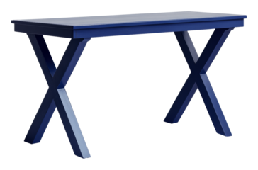 Blue wooden table with cross legs, modern minimalist furniture design concept