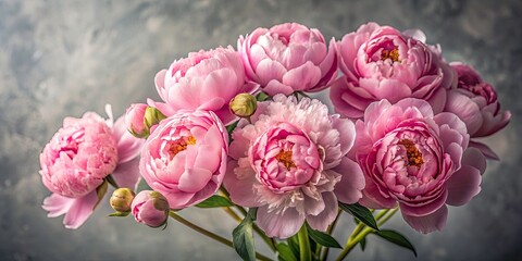 Obraz premium Long Exposure Pink Peony Bouquet Photography, Delicate Floral Image, Gray Background, Soft Light, Blurred Petals, Artistic Bloom