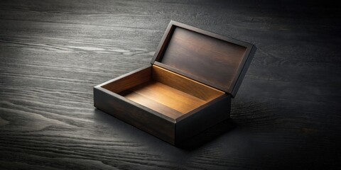 Empty dark wood keepsake box on a dark wood surface