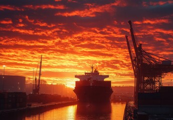 Majestic Sunset Over a Harbor with Silhouetted Cargo Ship and Cranes Under Dramatic Fiery Sky Creating an Intriguing Maritime Landscape