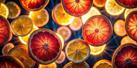 Night Grapefruit Slices Pattern, Dark Food Photography, Citrus Fruit Still Life, Low Light, Bokeh, Illuminated Fruit