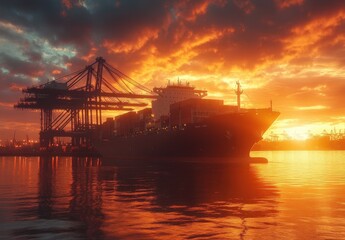 Fototapeta premium Majestic Sunset Over Cargo Ship at Port with Cranes in Silhouette and Colorful Sky Reflecting on Calm Waters, Representing Global Trade and Maritime Industry