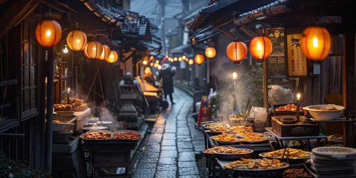 Warm lantern light illuminates a narrow, dusk-lit village street.  Vendors offer tempting snacks their aromas wafting through the air. Rich colors and textures create a captivating scene.