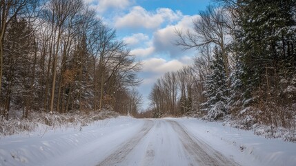 Obraz premium Snowy Road Through the Forest