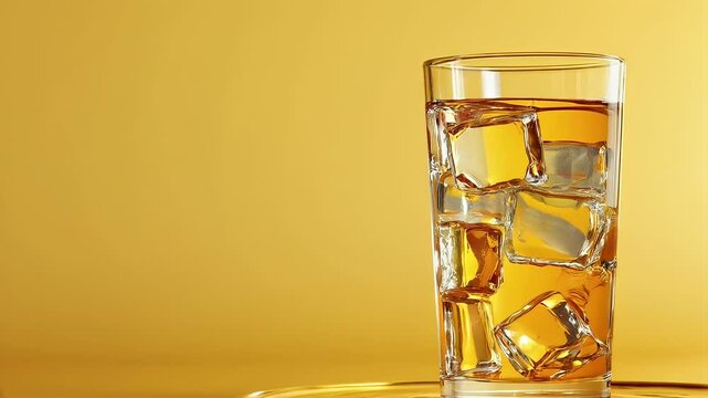 Iced tea in glass, yellow background, refreshment