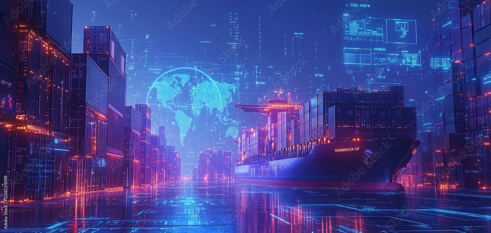 Poster modern cargo ship navigating in futuristic port with neon lights and digital data overlays represent
