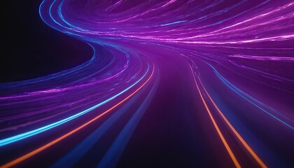 3d Render, Blue purple speed light line through dark background, abstract fast highway patch, hyper speed warp in space with generative ai
