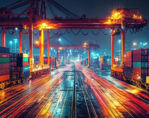 Obraz premium Nighttime View of a Busy Shipping Port with Cranes and Colorful Cargo Containers in Dramatic Lighting Creating a Dynamic Urban Scene