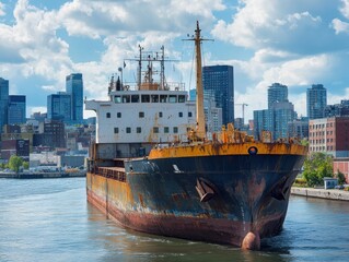 Naklejka premium Old cargo ship docked in the harbor with urban skyline in the background and a bright blue sky with fluffy clouds reflecting the city's rich maritime history and industrial strength.
