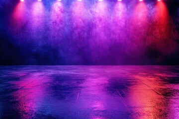 Obraz premium Grungy textured wall lit with vibrant pink and blue neon lights. Ideal for showcasing products, creating moody backdrops or adding a futuristic vibe to designs.