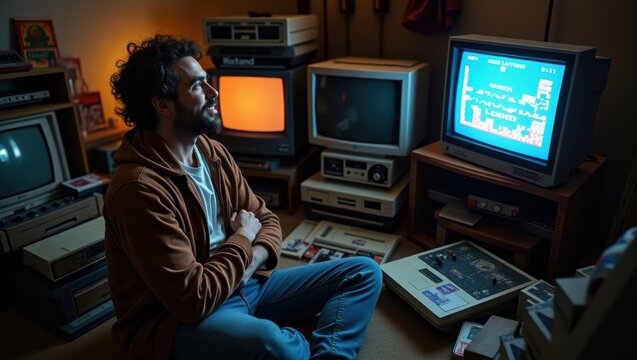 Nostalgic Gamer Enjoying Vintage Gameplay Experience - Powered by Adobe