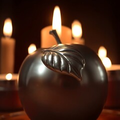 Metallic apple with candles.