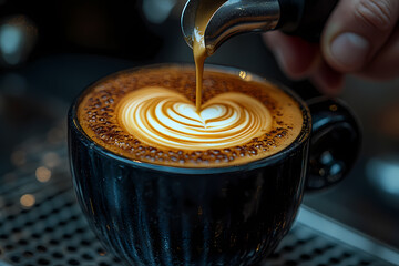 A barista preparing a cappuccino in a modern café, creating latte art. A scene of skill and aesthetics