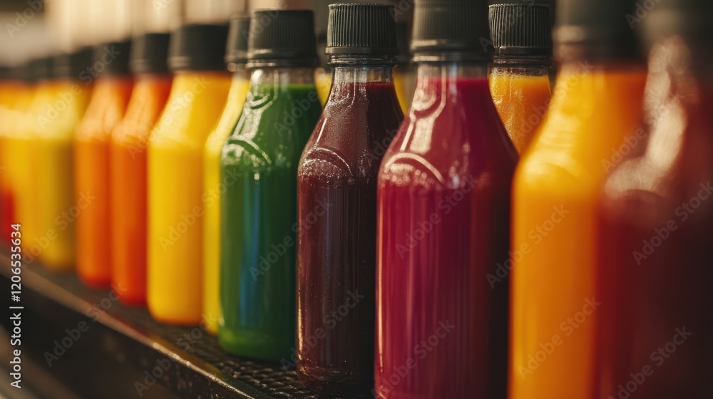 Poster colorful array of bottled juices displayed on a shelf in a vibrant market setting