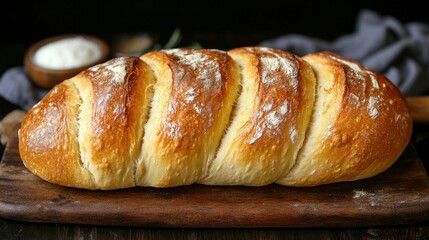 Freshly Baked Loaf on Rustic Wooden Board with Cloth and Bowl in Background