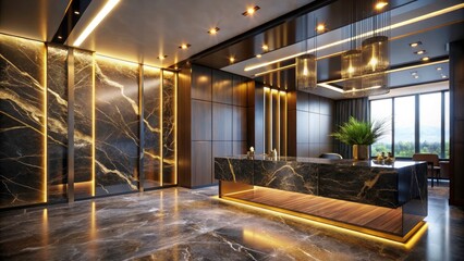 Modern Minimalist Interior Design, Dark Marble, Gold Accents, Dramatic Lighting, High Depth of Field
