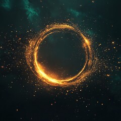 Glowing golden abstract circle at the center, surrounded by a light halo and floating particles, set against a gradient backdrop from deep black to dark teal.