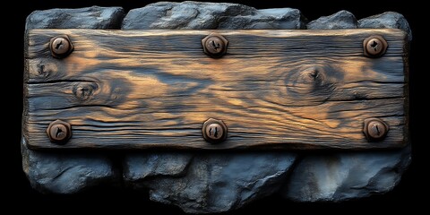 Rustic Wooden Sign, Stone Mount, Dark Background, Game UI