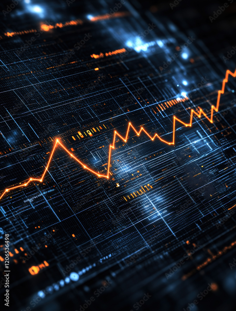 Poster this image showcases a vibrant digital representation of fluctuating data trends, highlighted by an 