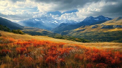 Fototapeta premium Scenic mountain landscape with vibrant autumn foliage and clouds.