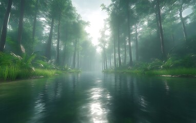 Obraz premium Misty forest river, sunlit path, lush vegetation, tranquil scene, game background