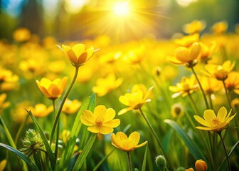 Obraz premium Spring Meadow Top View: Wild Yellow Flowers, Grass Texture, Green Field, Floral Background, Nature Photography