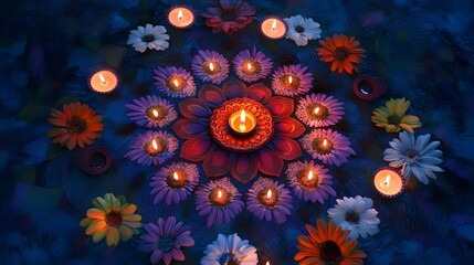 Festive Mandala of Flowers and Candles Illuminating a Dark Background