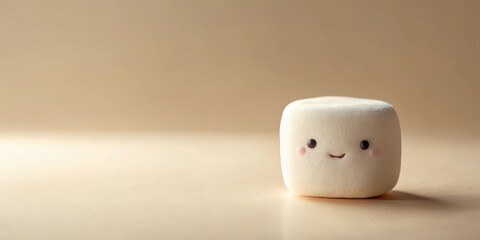 A single, cheerful, cubic marshmallow with a happy face sits on a light beige surface